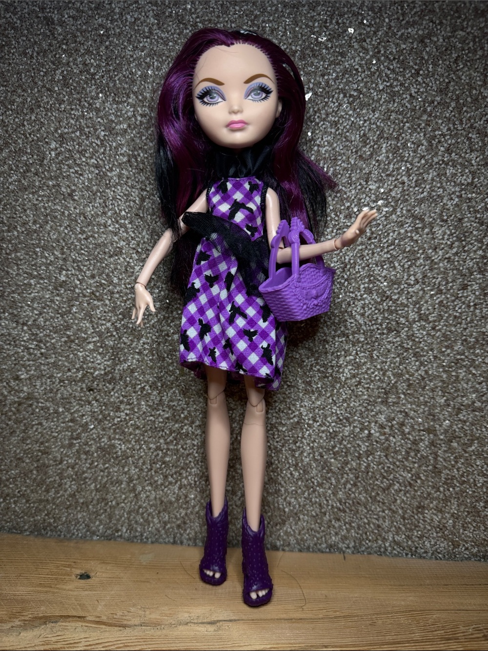 Purple Plaid Fashion Doll Dress with Matching Bag